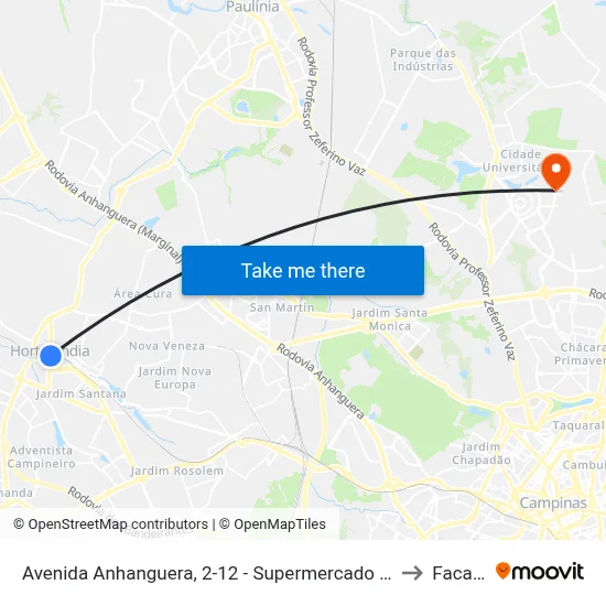 Avenida Anhanguera, 2-12 - Supermercado São Vicente to Facamp map