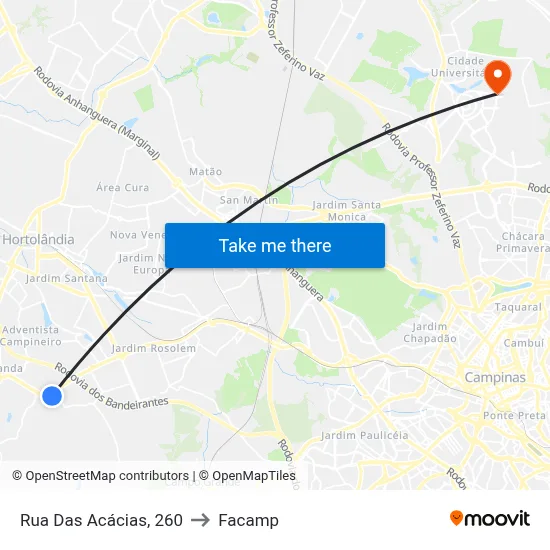 Rua Das Acácias, 260 to Facamp map
