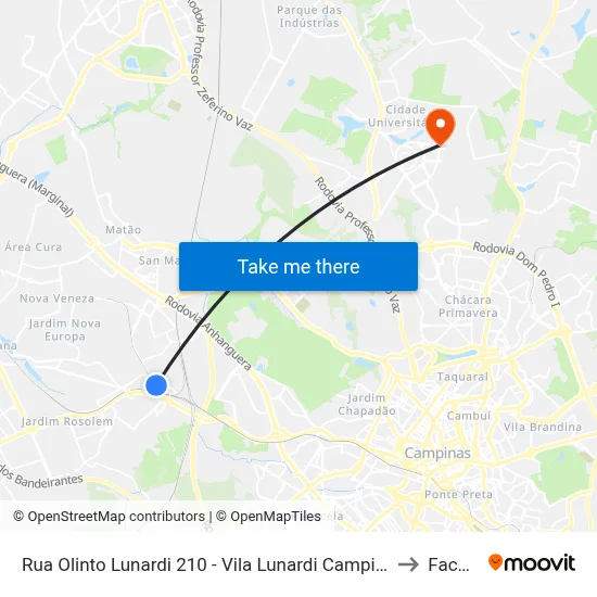 Rua Olinto Lunardi 210 - Vila Lunardi Campinas - SP Brasil to Facamp map