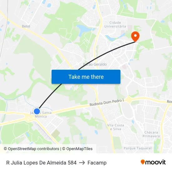 R Julia Lopes De Almeida 584 to Facamp map