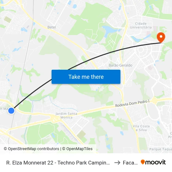 R. Elza Monnerat 22 - Techno Park Campinas - SP Brasil to Facamp map