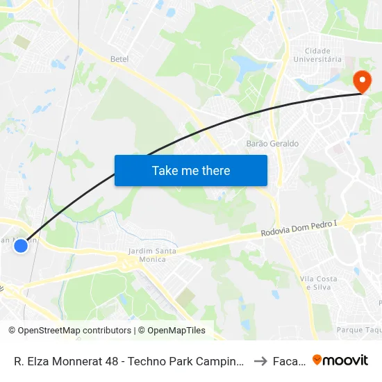R. Elza Monnerat 48 - Techno Park Campinas - SP Brasil to Facamp map