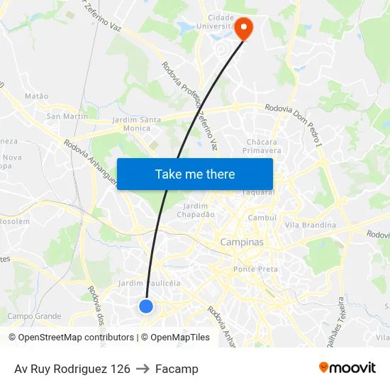 Av Ruy Rodriguez 126 to Facamp map