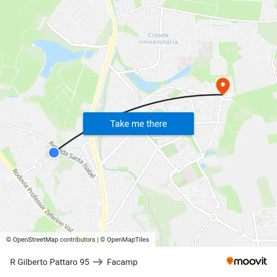 R Gilberto Pattaro 95 to Facamp map