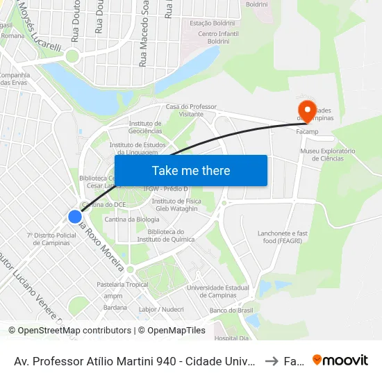Av. Professor Atílio Martini 940 - Cidade Universitária Campinas - SP 13083-830 Brasil to Facamp map