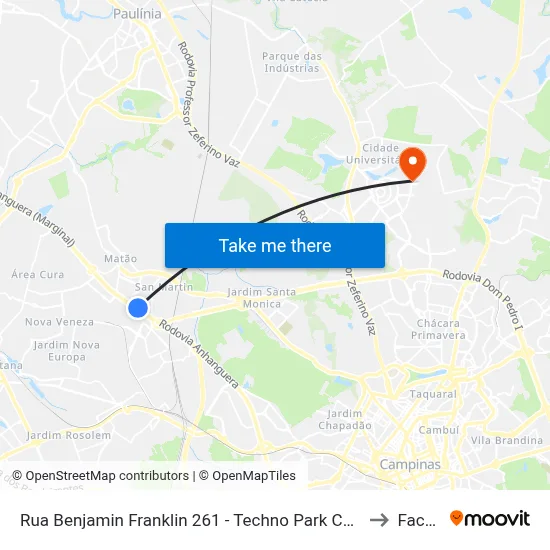 Rua Benjamin Franklin 261 - Techno Park Campinas - SP Brasil to Facamp map