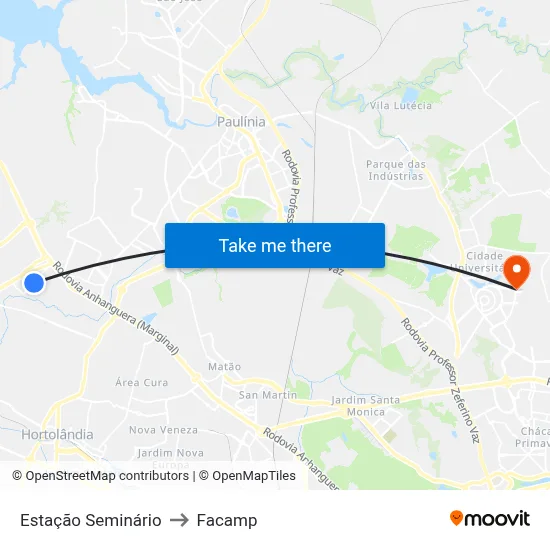 Estação Seminário to Facamp map