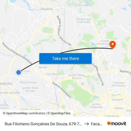 Rua Filomeno Gonçalves De Souza, 679-739 to Facamp map