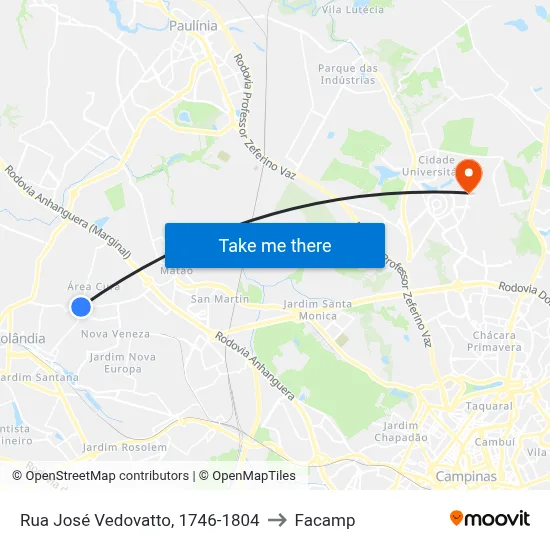 Rua José Vedovatto, 1746-1804 to Facamp map
