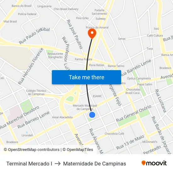 Terminal Mercado I to Maternidade De Campinas map