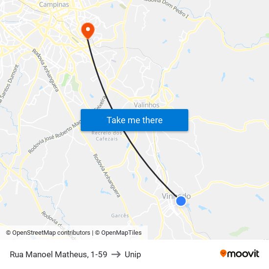 Rua Manoel Matheus, 1-59 to Unip map