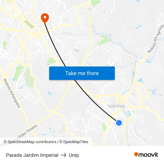 Parada Jardim Imperial to Unip map