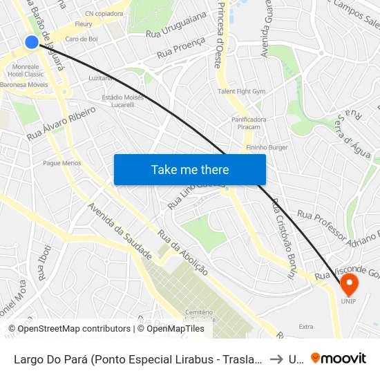 Largo Do Pará (Ponto Especial Lirabus - Traslados Para Aeroportos) to Unip map