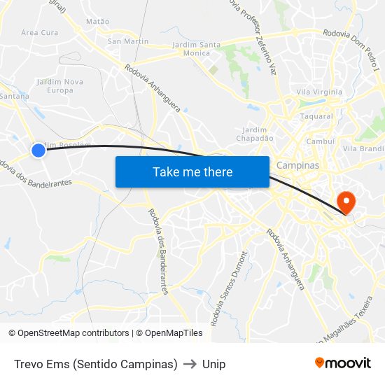 Trevo Ems (Sentido Campinas) to Unip map