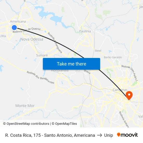 R. Costa Rica, 175 - Santo Antonio, Americana to Unip map