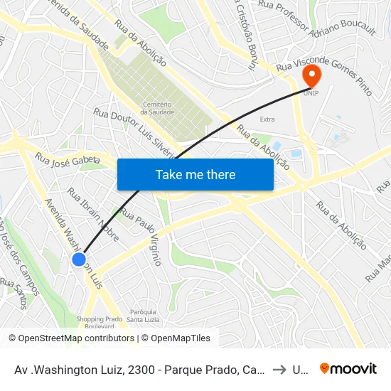 Av .Washington Luiz, 2300 - Parque Prado, Campinas to Unip map