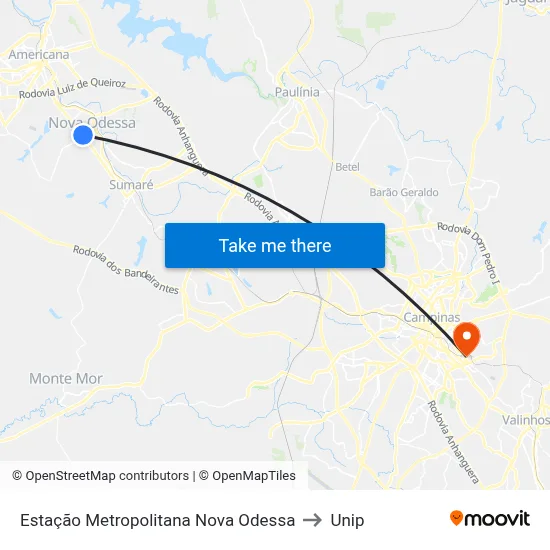 Estação Metropolitana Nova Odessa to Unip map