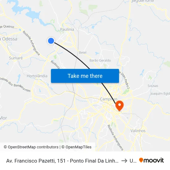Av. Francisco Pazetti, 151 - Ponto Final Da Linha 664 - São Bento, Paulínia to Unip map