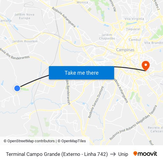 Terminal Campo Grande (Externo - Linha 742) to Unip map