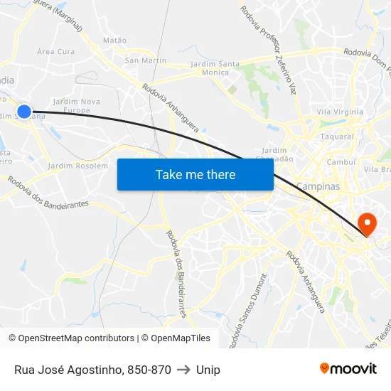 Rua José Agostinho, 850-870 to Unip map