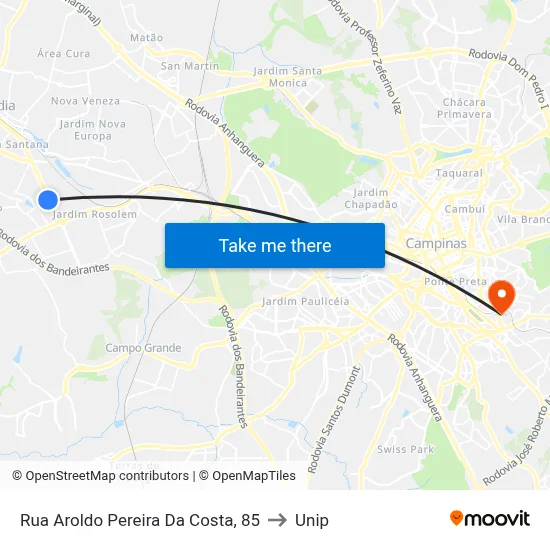 Rua Aroldo Pereira Da Costa, 85 to Unip map