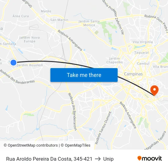Rua Aroldo Pereira Da Costa, 345-421 to Unip map