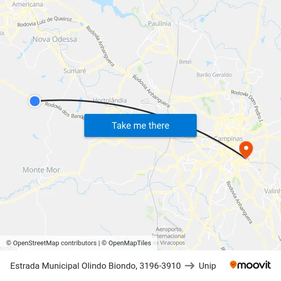 Estrada Municipal Olindo Biondo, 3196-3910 to Unip map