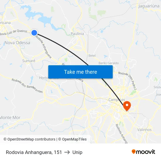 Rodovia Anhanguera, 151 to Unip map