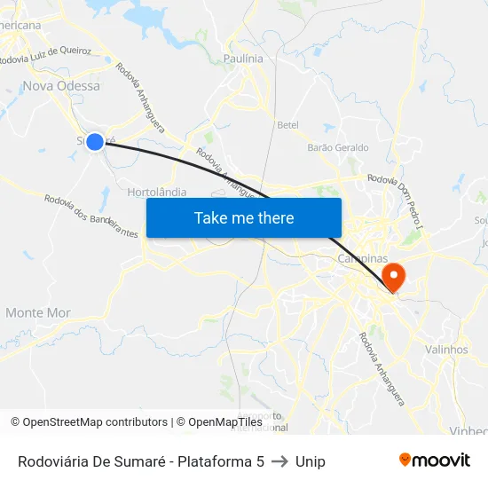 Rodoviária De Sumaré - Plataforma 5 to Unip map