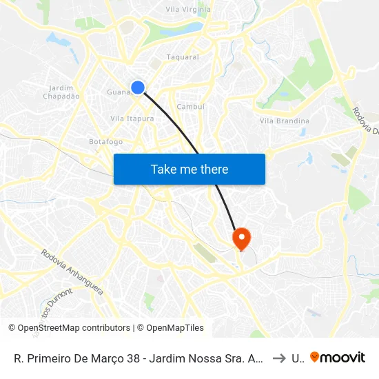 R. Primeiro De Março 38 - Jardim Nossa Sra. Auxiliadora Campinas - SP 13075-250 Brasil to Unip map