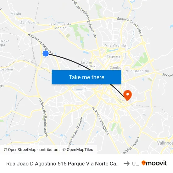 Rua João D Agostino 515 Parque Via Norte Campinas - SP 13065-610 Brasil to Unip map
