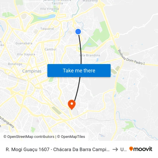 R. Mogi Guaçu 1607 - Chácara Da Barra Campinas - SP 13090-605 Brasil to Unip map