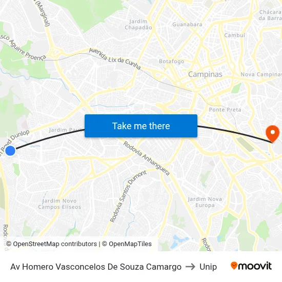 Av Homero Vasconcelos De Souza Camargo to Unip map