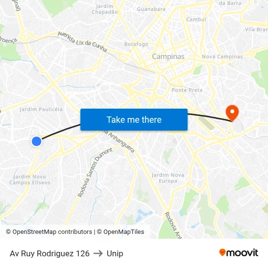 Av Ruy Rodriguez 126 to Unip map