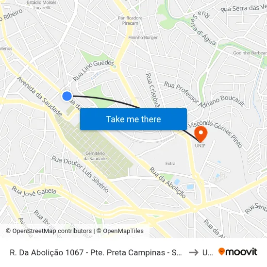 R. Da Abolição 1067 - Pte. Preta Campinas - SP 13041-445 Brasil to Unip map