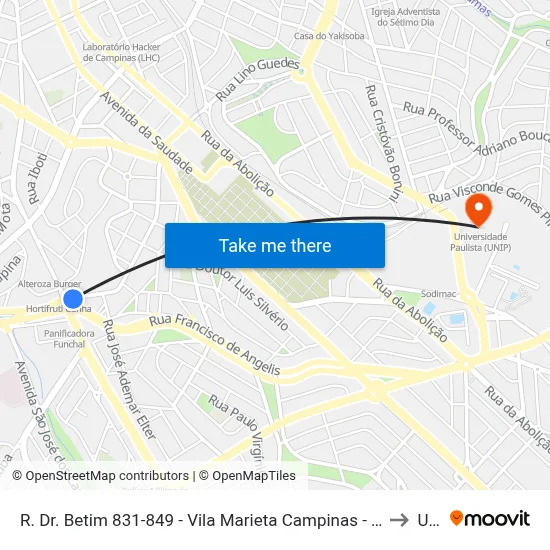 R. Dr. Betim 831-849 - Vila Marieta Campinas - SP 13042-020 Brasil to Unip map