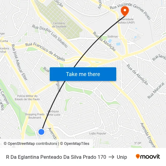 R Da Eglantina Penteado Da Silva Prado 170 to Unip map