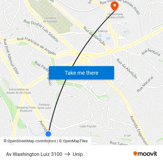 Av Washington Luiz 3100 to Unip map