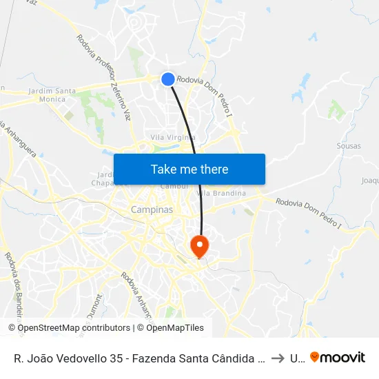 R. João Vedovello 35 - Fazenda Santa Cândida Campinas - SP 13087-540 Brasil to Unip map