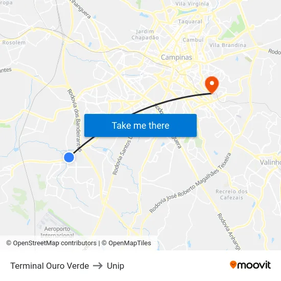 Terminal Ouro Verde to Unip map