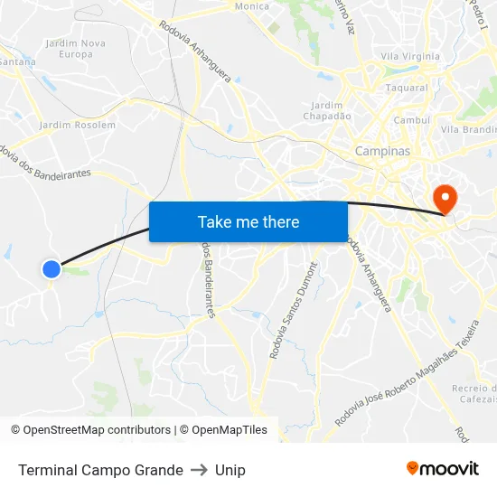Terminal Campo Grande to Unip map