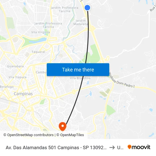 Av. Das Alamandas 501 Campinas - SP 13092-599 Brasil to Unip map