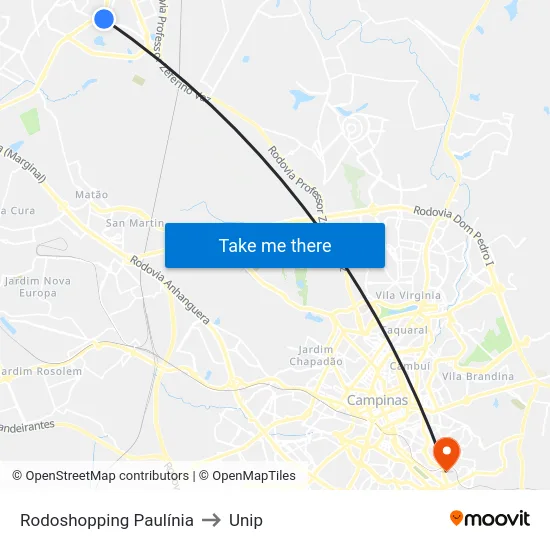 Rodoshopping Paulínia to Unip map