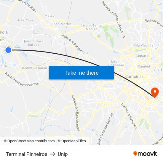 Terminal Pinheiros to Unip map