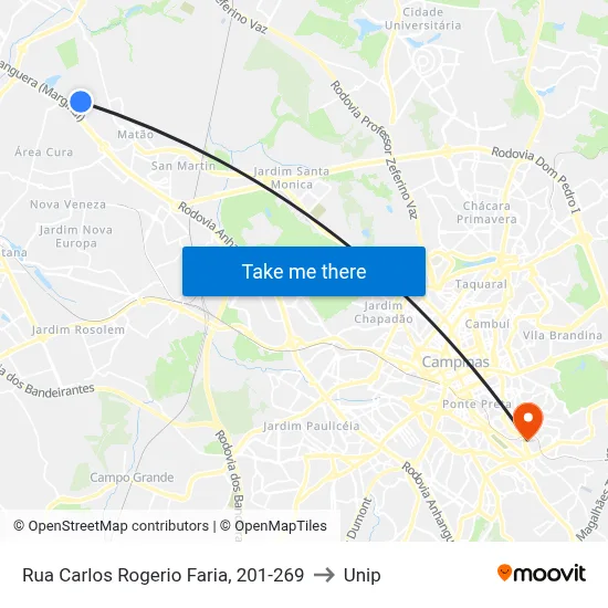 Rua Carlos Rogerio Faria, 201-269 to Unip map