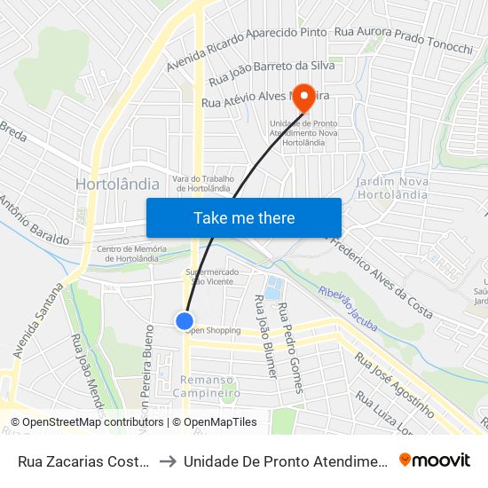 Rua Zacarias Costa Camargo, 11 to Unidade De Pronto Atendimento Nova Hortolândia map