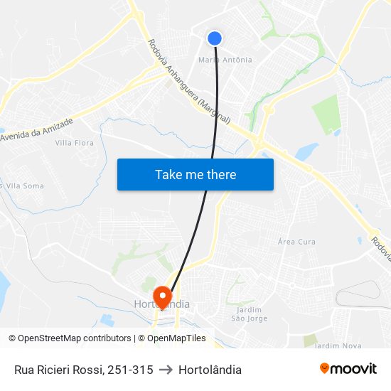 Rua Ricieri Rossi, 251-315 to Hortolândia map