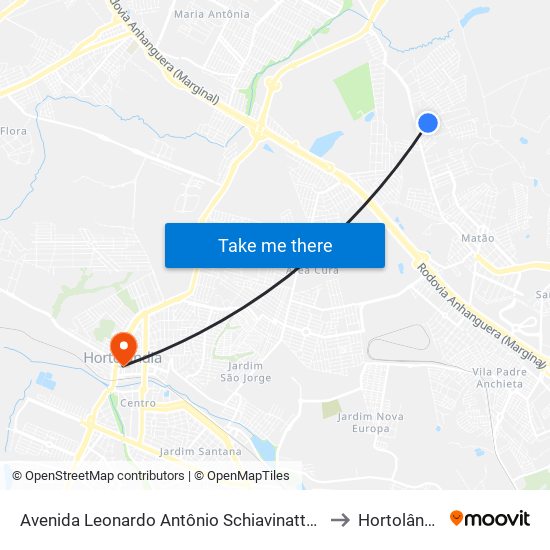 Avenida Leonardo Antônio Schiavinatto, 45 to Hortolândia map
