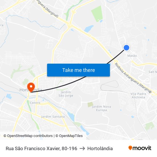 Rua São Francisco Xavier, 80-196 to Hortolândia map