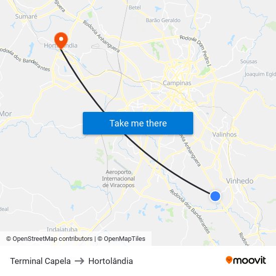 Terminal Capela to Hortolândia map